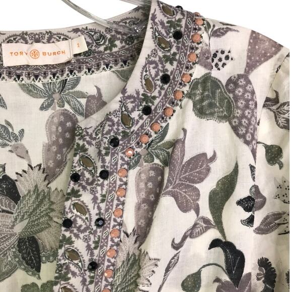 Tory Burch Embellished Botanical Print Tunic Blouse Size 2 Cream Deep V-Neck - Picture 4 of 7